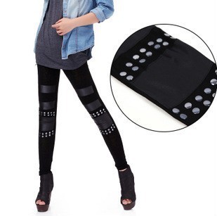Autumn and winter thickening warm pants legging female cotton knee rivet faux leather patchwork fashion personality ankle length
