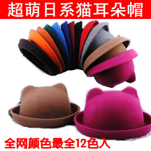 Autumn and winter three-dimensional cat ears pure woolen roll up hem small fresh women's small round hat