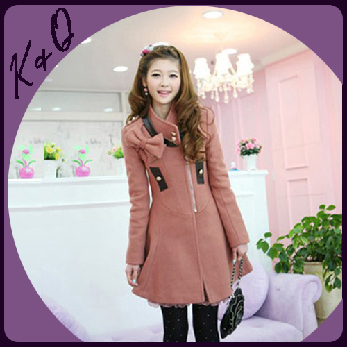 Autumn and winter trench personalized bow decoration stand collar slim long design solid color wool coat trench