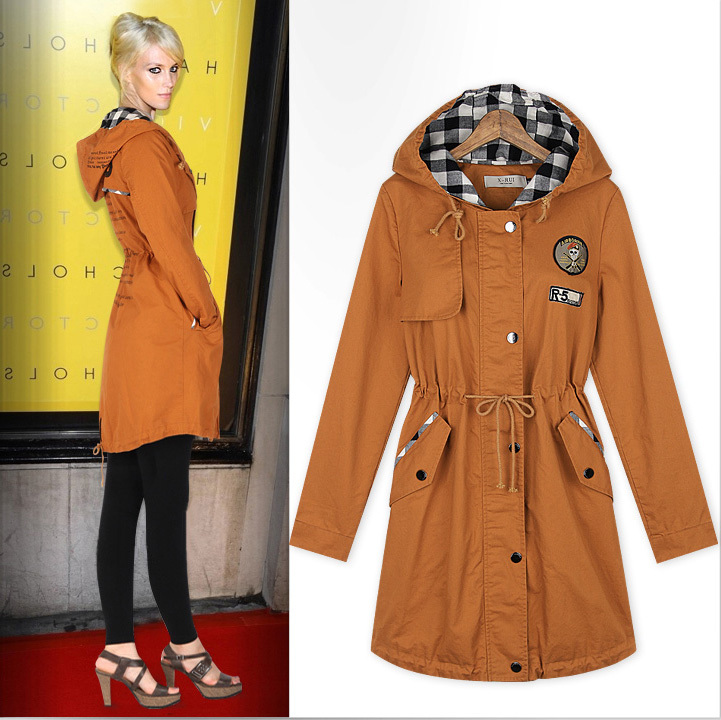 Autumn and winter trench Women fashion slim long-sleeve cap medium-long trench outerwear f200