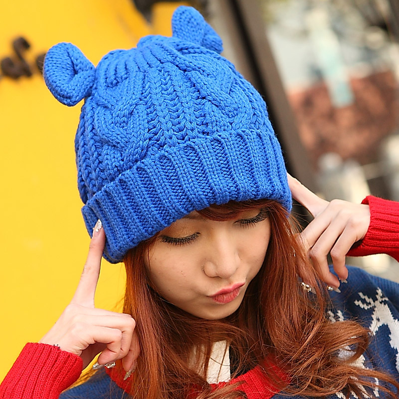 Autumn and winter twisted horn knitted hat roll up hem pullover knitting wool cap thermal millinery