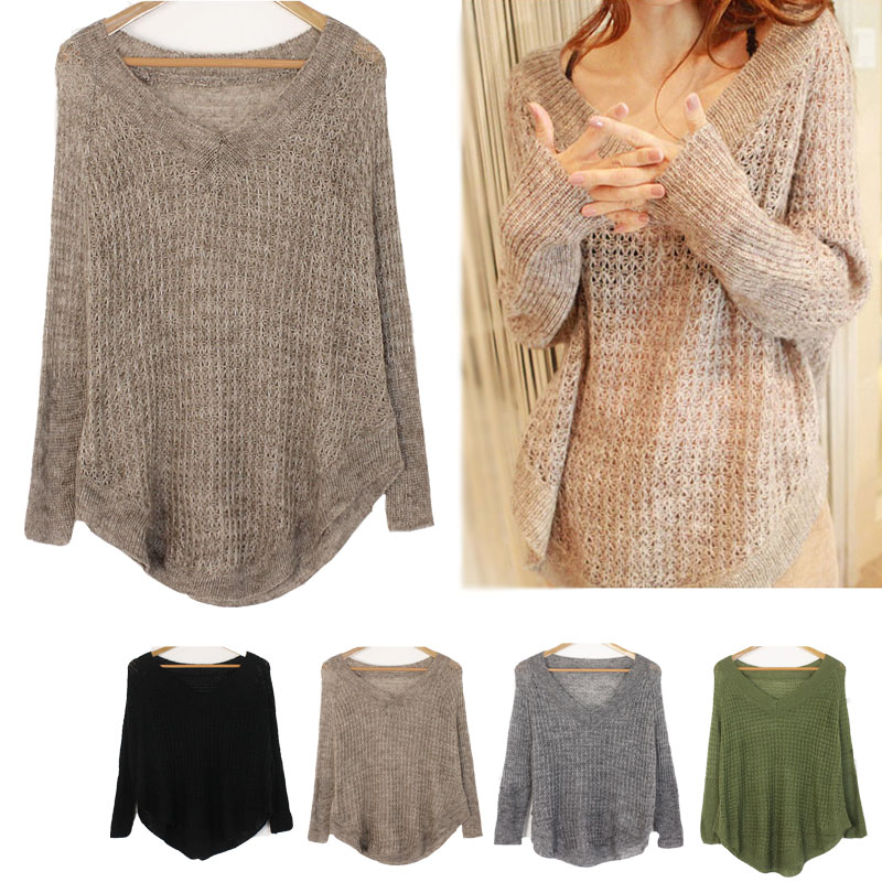Autumn and winter V-neck raglan sleeve long-sleeve ultralarge knitted brief sweet cutout loose knitted sweater
