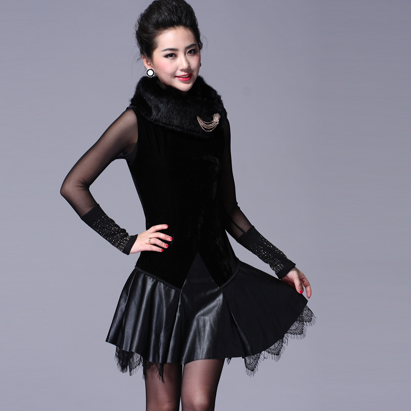 Autumn and winter velvet one-piece dress 2012 noble rabbit fur lace disk flowers plus size sleeveless tank dress leather skirt