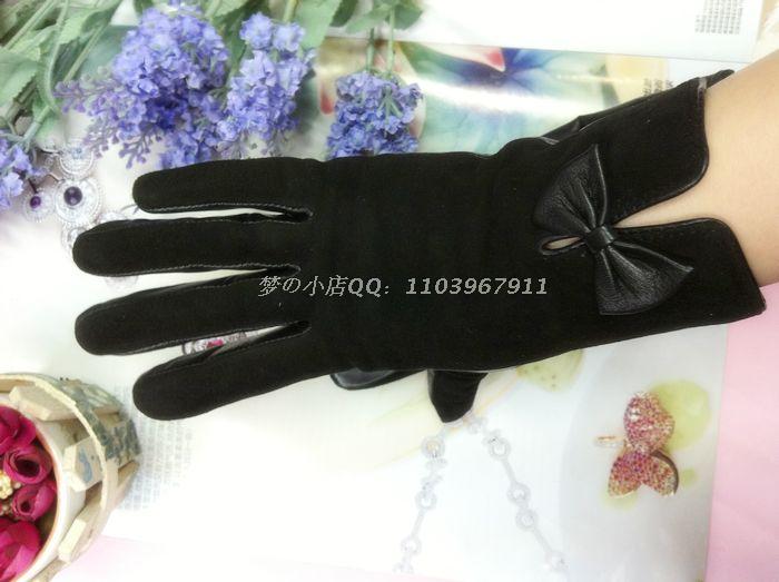 Autumn and winter velvet sheepskin women's nubuck leather fashion bow thermal genuine leather gloves