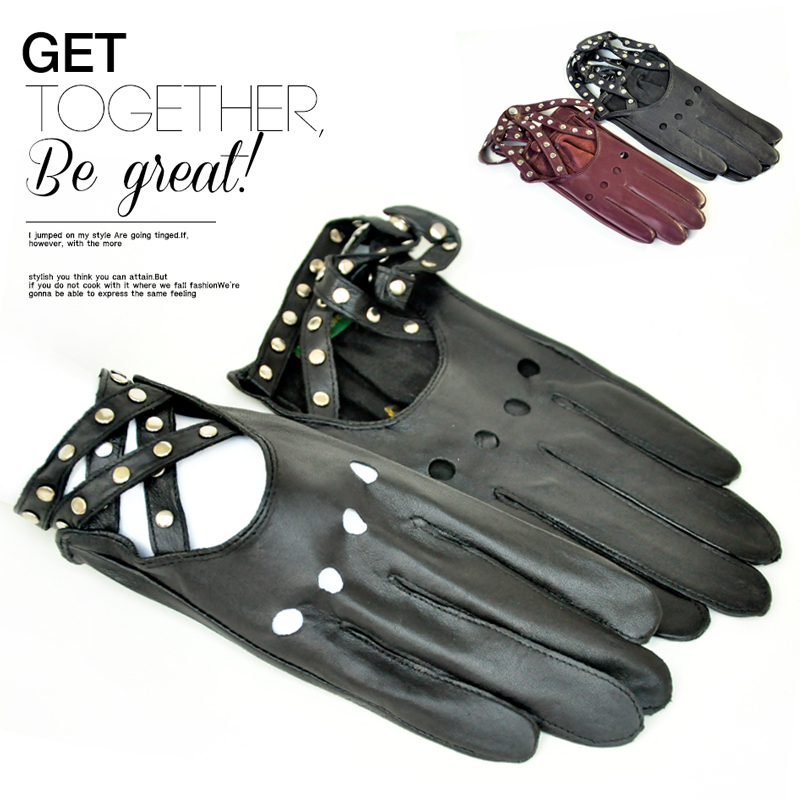 Autumn and winter vintage personalized leather buckle on sheepskin gloves female thermal gloves motorcycle genuine leather