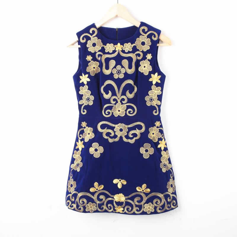 Autumn and winter vintage royal queen elegant gold thread embroidery embroidered velvet sleeveless one-piece dress winter dress