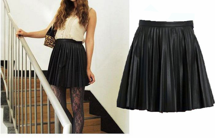 Autumn and winter vivi all-match black high waist PU faux leather pleated skirt leather skirt short skirt bust skirt