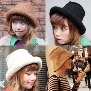 Autumn and winter wide-brimmed roll-up hem knitted hat bucket hat knitted beret