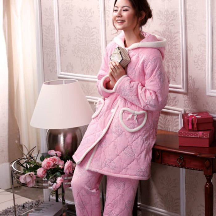 Autumn and winter with a hood Women thickening coral fleece cotton-padded sleepwear lengthen edition 85680