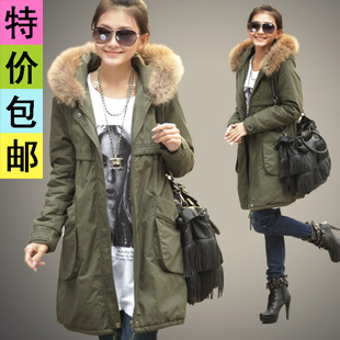 Autumn and winter women Army Green raccoon large fur collar wadded jacket medium-long thickening cotton-padded jacket hooded