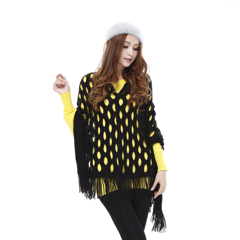 Autumn and winter women cutout sweater loose shirt spring cutout tassel big scarf cape