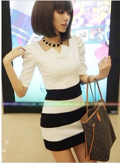 Autumn and winter women elegant puff sleeve slim all-match one-piece dress