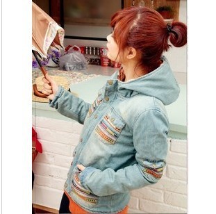 Autumn and winter women embroidered water wash retro finishing plaid liner long-sleeve with a hood denim cotton-padded jacket