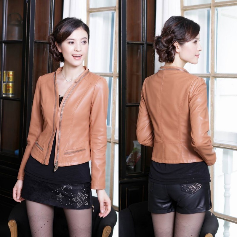 Autumn and winter women fashion motorcycle jacket water washed leather pew short jacket PU leather jacket short leather wadded