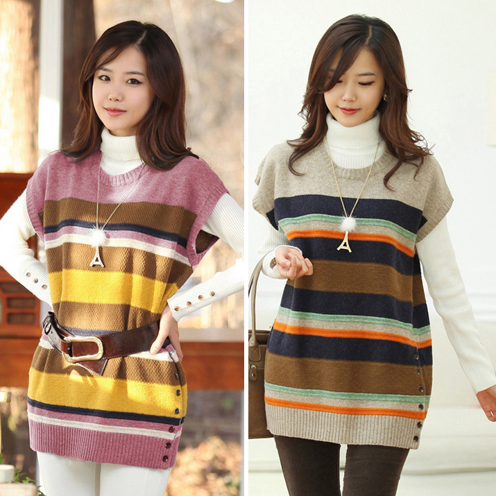 Autumn and winter women fashion o-neck sleeveless multicolour stripe loose medium-long all-match sweater outerwear