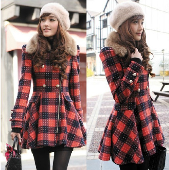 Autumn and winter women jacket coat plaid woolen overcoat trench outerwear 3915free shipping