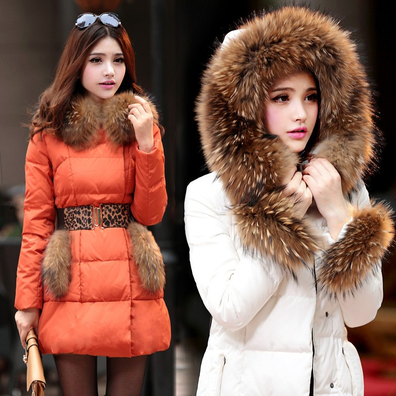 Autumn and winter women large raccoon fur leather coat medium-long down outerwear down coat