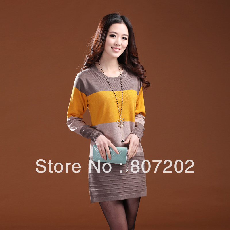 Autumn and winter women low o-neck one-piece dress stripe medium-long sweater plus size sweater basic shirt sweater
