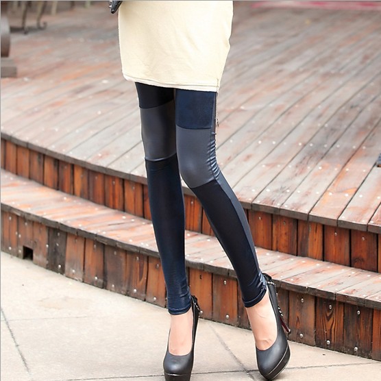 Autumn and winter women matt faux leather patchwork dot legging tight fitting female elastic PU pants female plus size