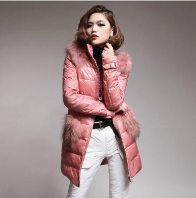 Autumn and winter women medium-long down coat fox fur pink slim down coat
