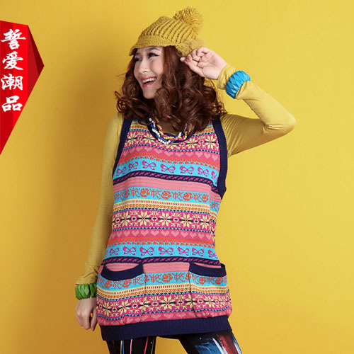 Autumn and winter women national trend long design o-neck yarn vest basic shirt sweater loose sweater