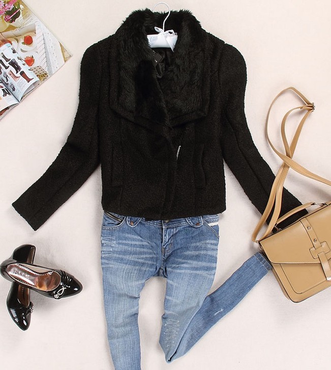 Autumn and winter women new arrival black fur collar long-sleeve all-match fashion elegant short jacket short design overcoat