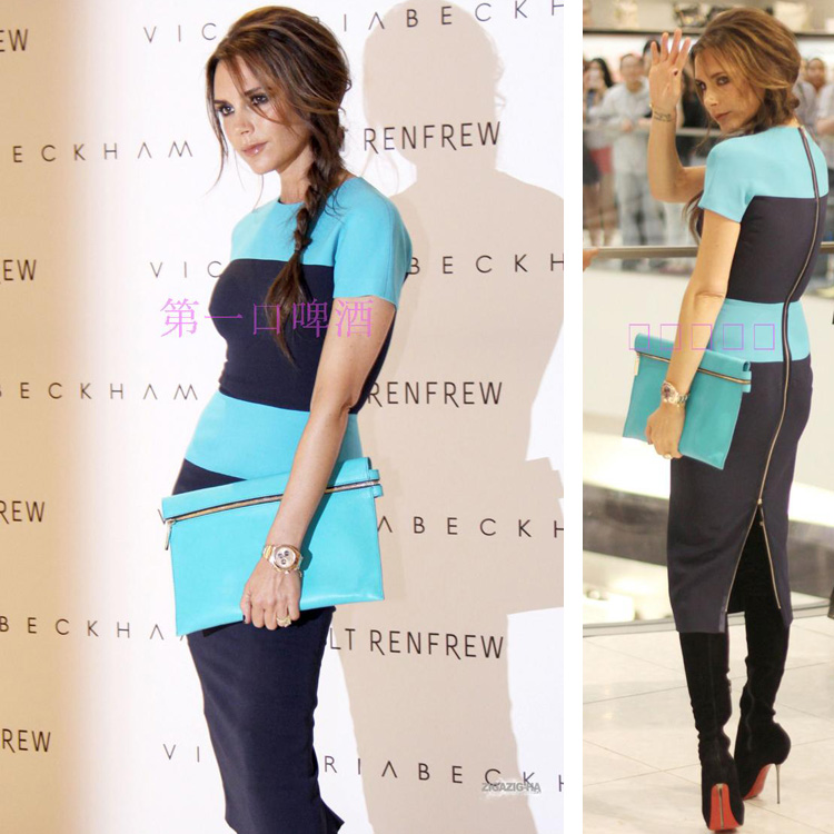 autumn and winter women new arrival victoria color block slim hip slim one-piece dress medium-long