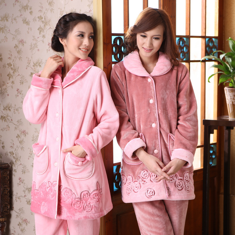 Autumn and winter Women nobility thickening flannel lengthen edition coral fleece sleepwear lounge set