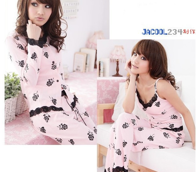 Autumn and winter women's 100% cotton sleepwear sexy lace decoration cute spaghetti strap long-sleeve 100% cotton lounge three
