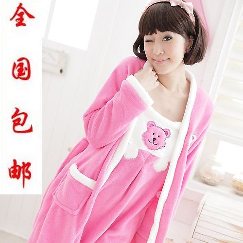 Autumn and winter women's bear twinset robe long-sleeve thickening coral fleece sleepwear robe