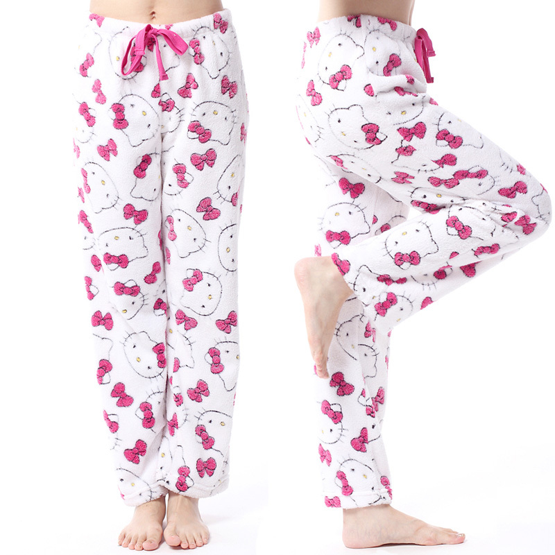 Autumn and winter women's comfortable coral fleece pajama pants,ladies hellokitty pattern thermal sleep bottoms