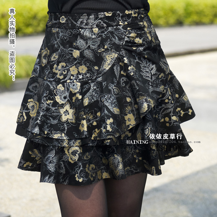 Autumn and winter women's genuine leather print skirt ruffle sheepskin short skirt leather skirt