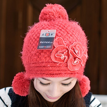 Autumn and winter women's hat big flower hair ball thermal knitted hat ear all-match knitted hat