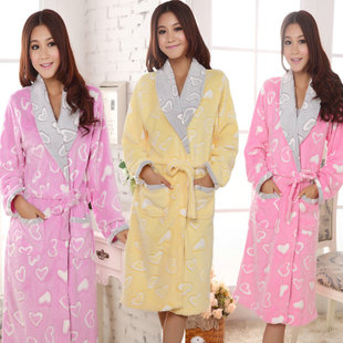 Autumn and winter women's heart long-sleeve coral fleece sleepwear nightgown robe lounge