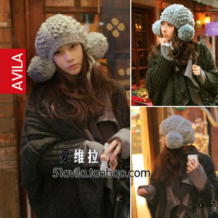 Autumn and winter women's jacquard big twin hair balls ear thick yarn handmade knitted hat