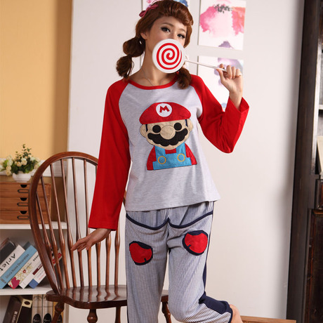 Autumn and winter women's knitted cotton sleepwear long-sleeve cartoon Women lounge o-neck set