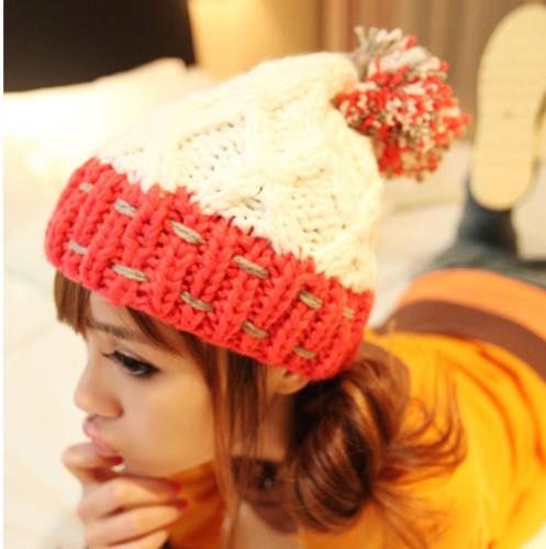 Autumn and winter women's knitted hat color block all-match millinery handmade color block decoration knitted hat