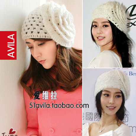 Autumn and winter women's mohair knitted flower hat handmade knitted mesh toe cap hat covering