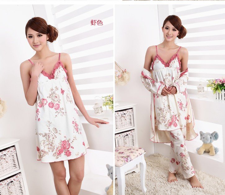 Autumn and Winter Women's Pure Cotton Sleepwear Three Pieces Set Sexy Nightgown Free Shipping