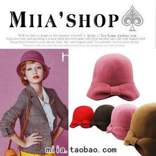 Autumn and winter women's pure woolen bow vintage dome small fedoras bucket hats bucket hat