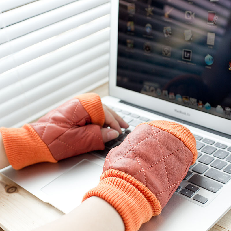 Autumn and winter women's semi-finger sheepskin genuine leather gloves semi-finger thickening thermal gloves