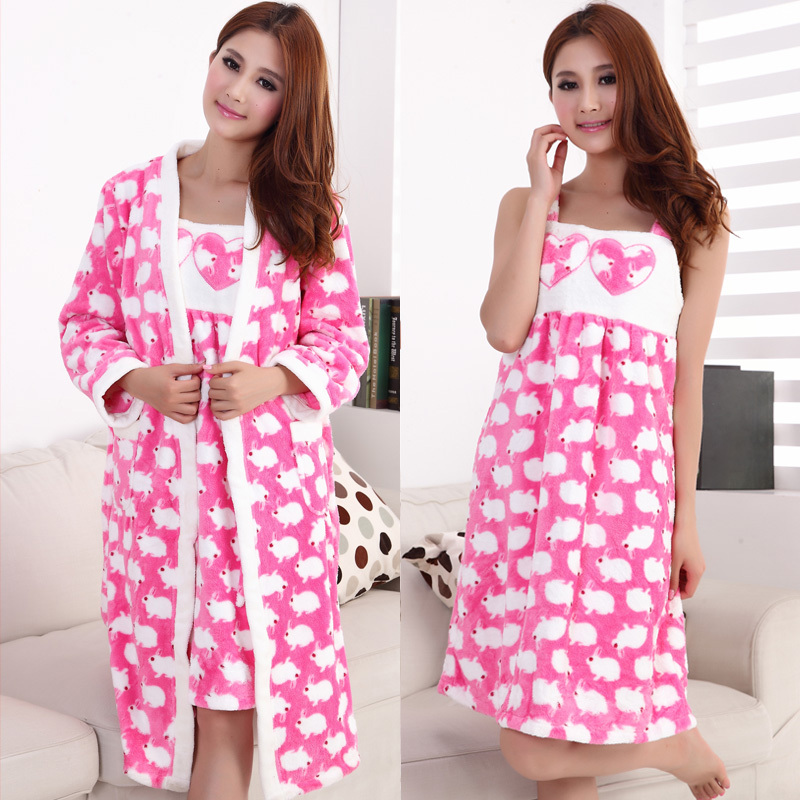 Autumn and winter women's thickening coral fleece sleepwear lounge robe bathrobes nightgown spaghetti strap 2 piece set