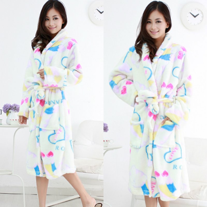 Autumn and winter women's ultra soft coral fleece robe bathrobes white heart love letter pattern bathrobe