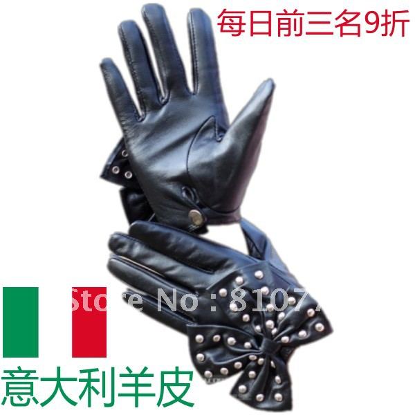 Autumn and winter Women sheepskin gloves fashion genuine leather big bow rivet gloves