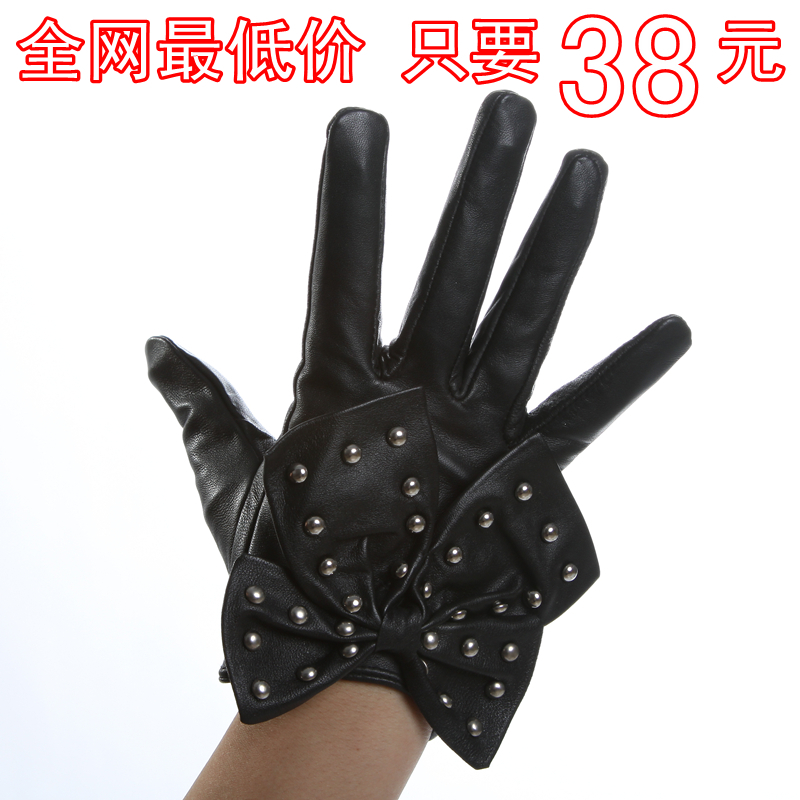 Autumn and winter Women sheepskin gloves fashion genuine leather rivet large bow gloves