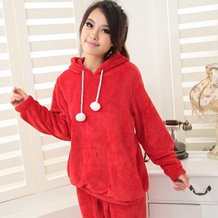 Autumn and winter Women solid color long-sleeve thickening coral fleece sleepwear female casual 2 piece set home set with a hood