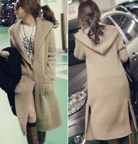 Autumn and winter women sweater long design cardigan with a hood sweater solid color plus size straight long sweater