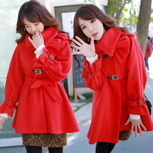 Autumn and winter women sweet elegant single row leather buckle on belt with a hood poncho wool coat outerwear