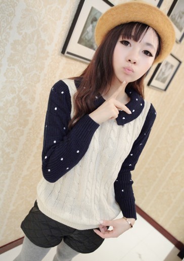 Autumn and winter women sweet slim dot turn-down collar knitted sweater cute sweater female