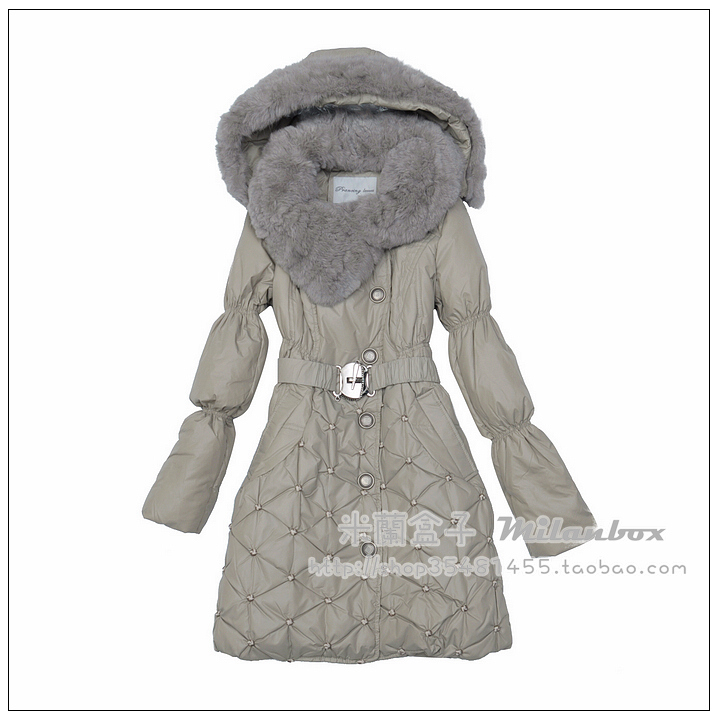 Autumn and winter women tieclasps intellectuality sweet soft rabbit velvet long slim fashion design down coat